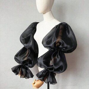 1pc Black Organza 3 Sections Arm Sleeve With Bubble Sleeve, Set Of 2